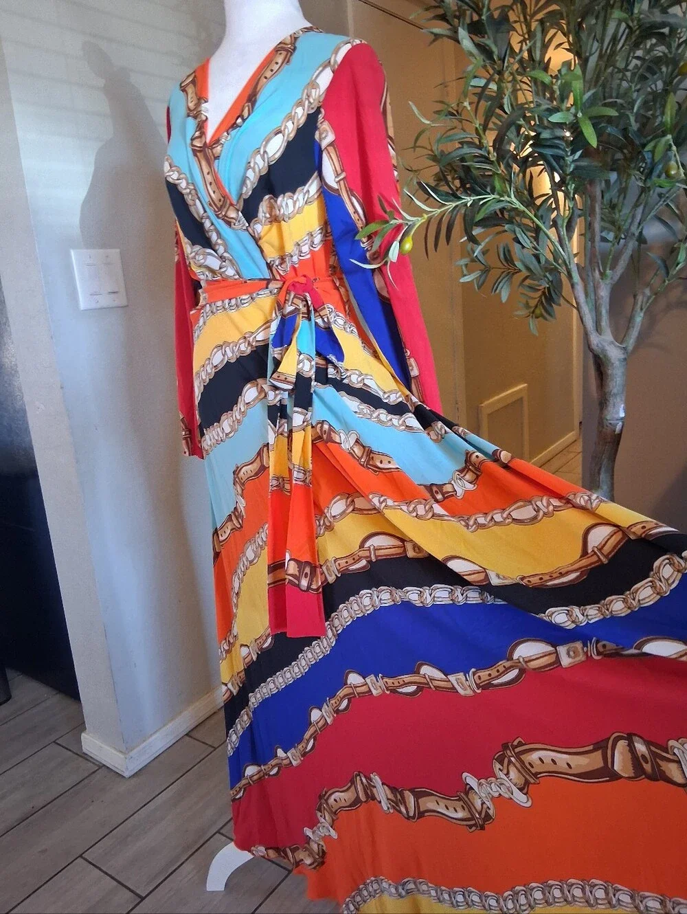 Dareen Hand‎ Made Chain Print Maxi Dress SzL Multicolor Wrap Vacation Beach